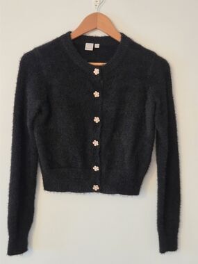 Twik Black Fuzzy Cardigan Sweater with Floral Buttons